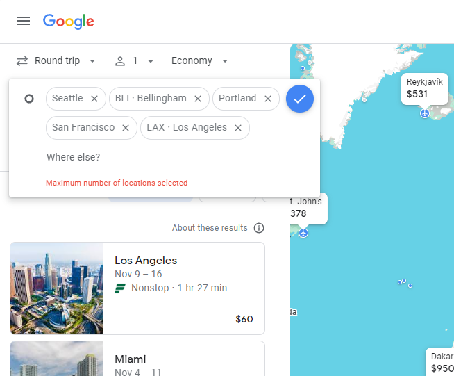 Search 5 Locations at once - Google Flights