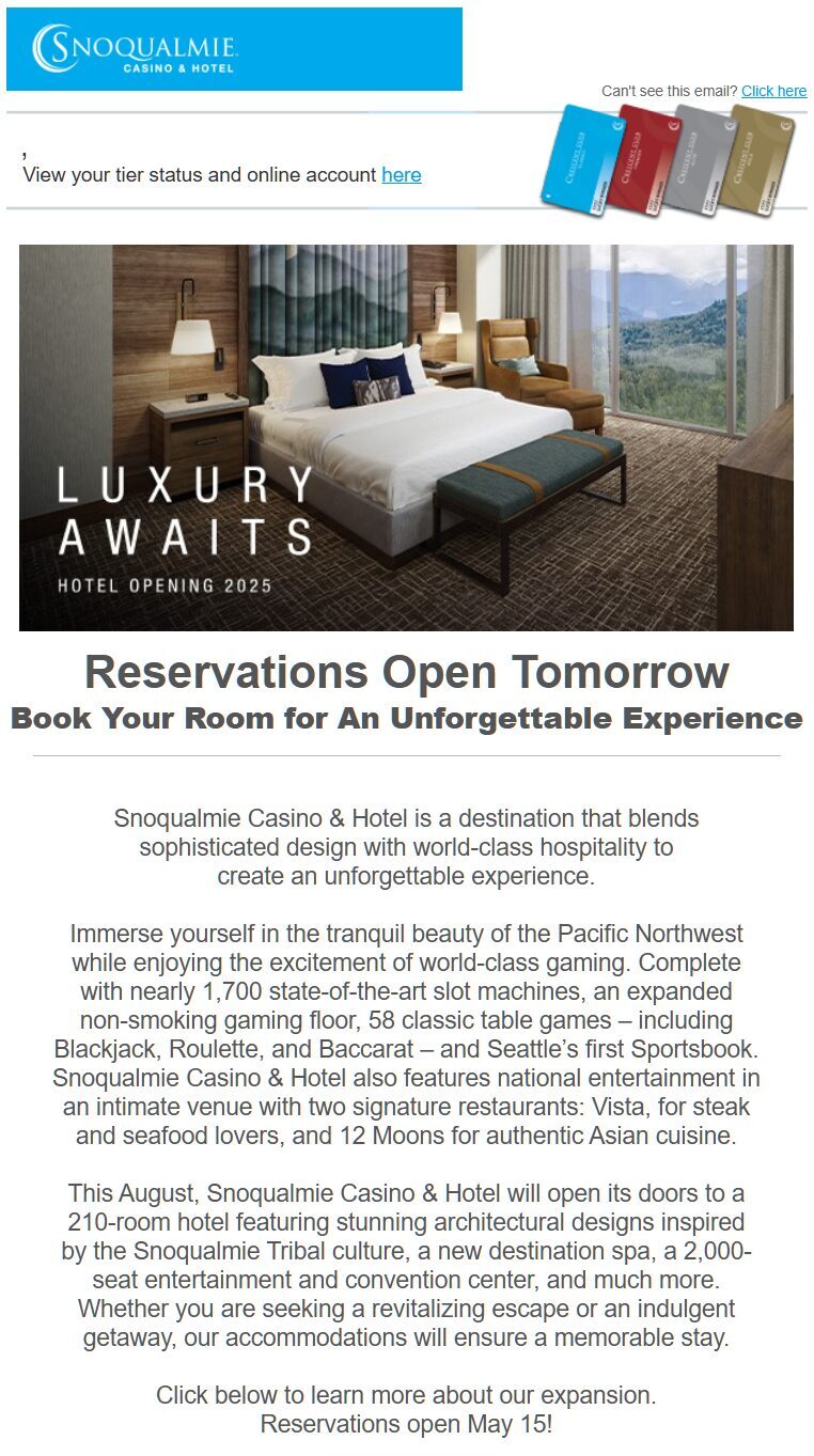 Snoqualmie Casino Hotel Opening August 15th 2025 Grand Opening Announcement