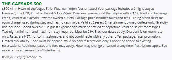 Caesars $300 2 Night & $400 3 Night “Stay & Dine” Deals — Ends Dec 29 7
