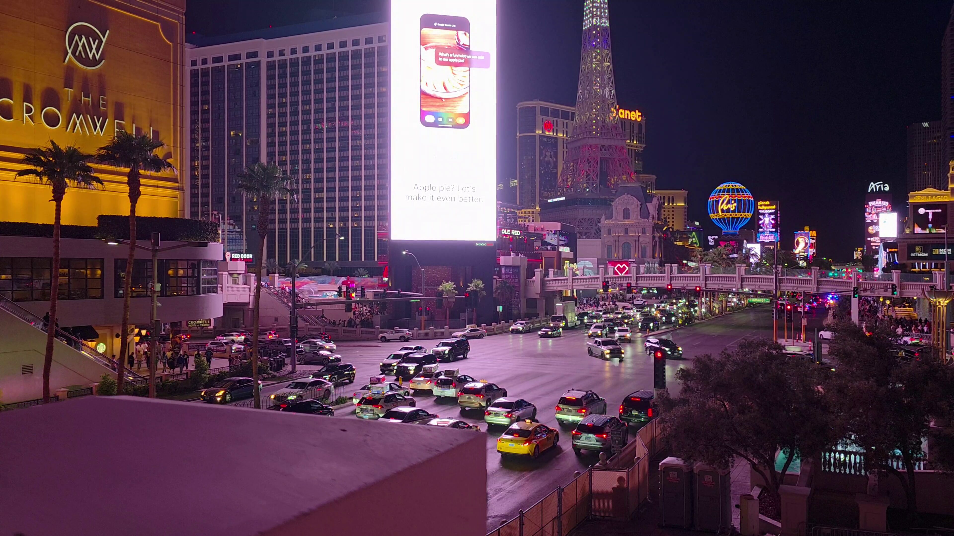 Vanderpump Hotel Las Vegas: Room Tour, Rates & Caesars Rewards 2 Las Vegas Strip aerial view at night showing The Cromwell Las Vegas location at Flamingo Road