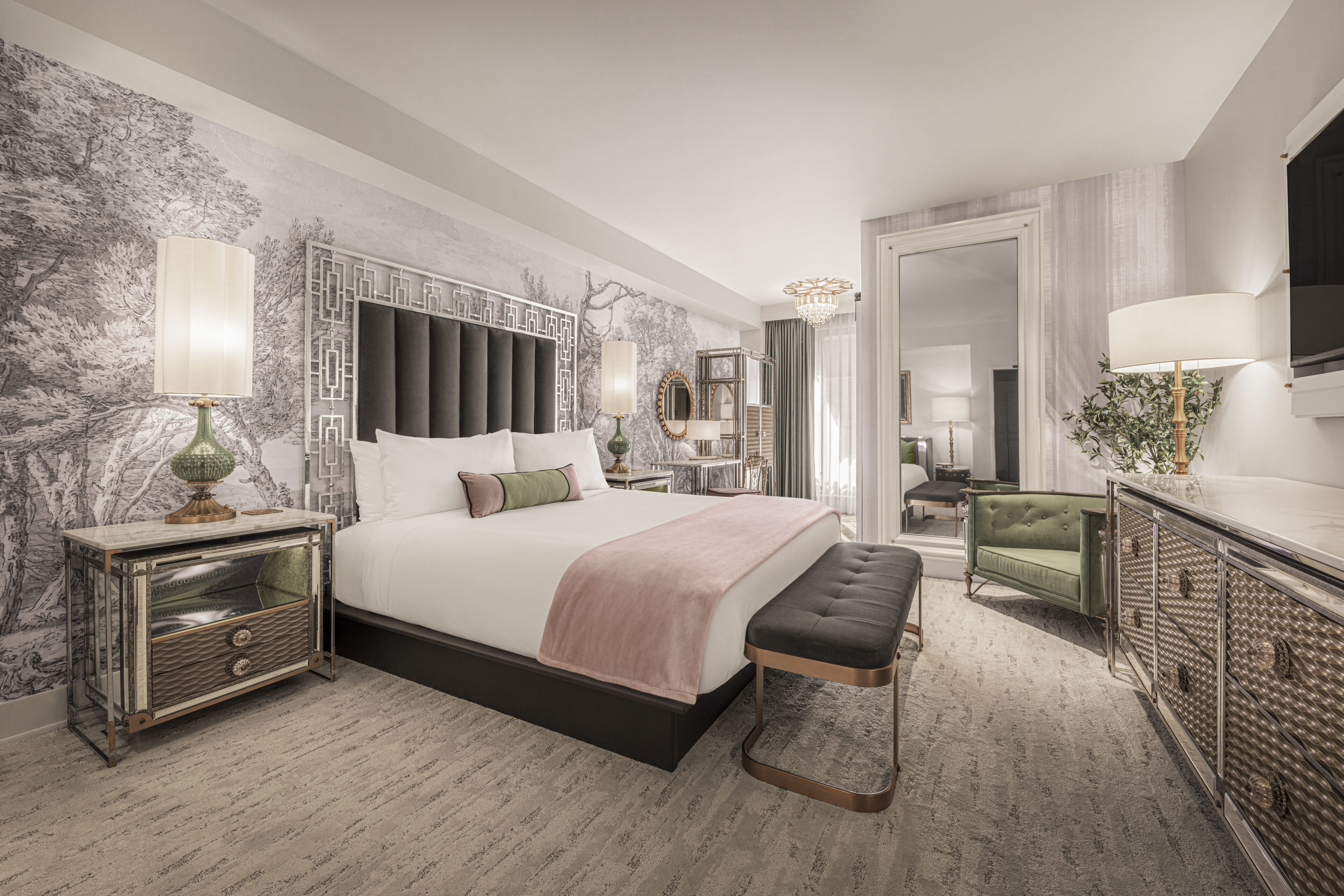 Vanderpump Hotel Las Vegas: Room Tour, Rates & Caesars Rewards 5 The Vanderpump Hotel Las Vegas guest room with forest mural, dark charcoal velvet headboard, and custom Vanderpump Alain furnishings - Image courtesy Caesars Entertainment / The Vanderpump Hotel