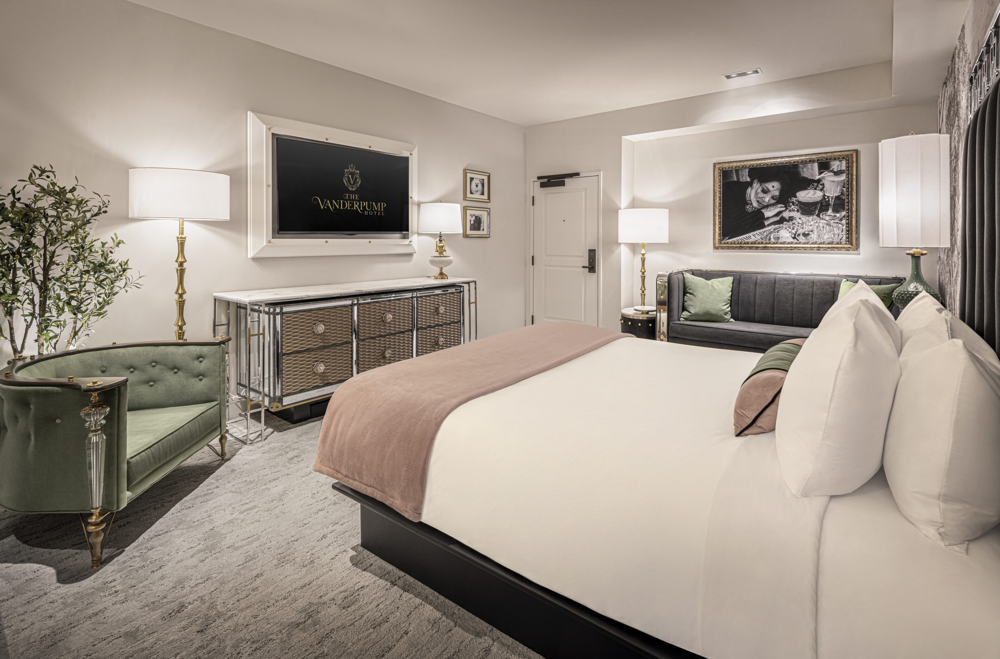 Vanderpump Hotel Las Vegas: Room Tour, Rates & Caesars Rewards 11 The Vanderpump Hotel Las Vegas Classic King room showing green lounge chair, king bed, and industrial romantic design by Lisa Vanderpump and Nick Alain - Image courtesy Caesars Entertainment / The Vanderpump Hotel