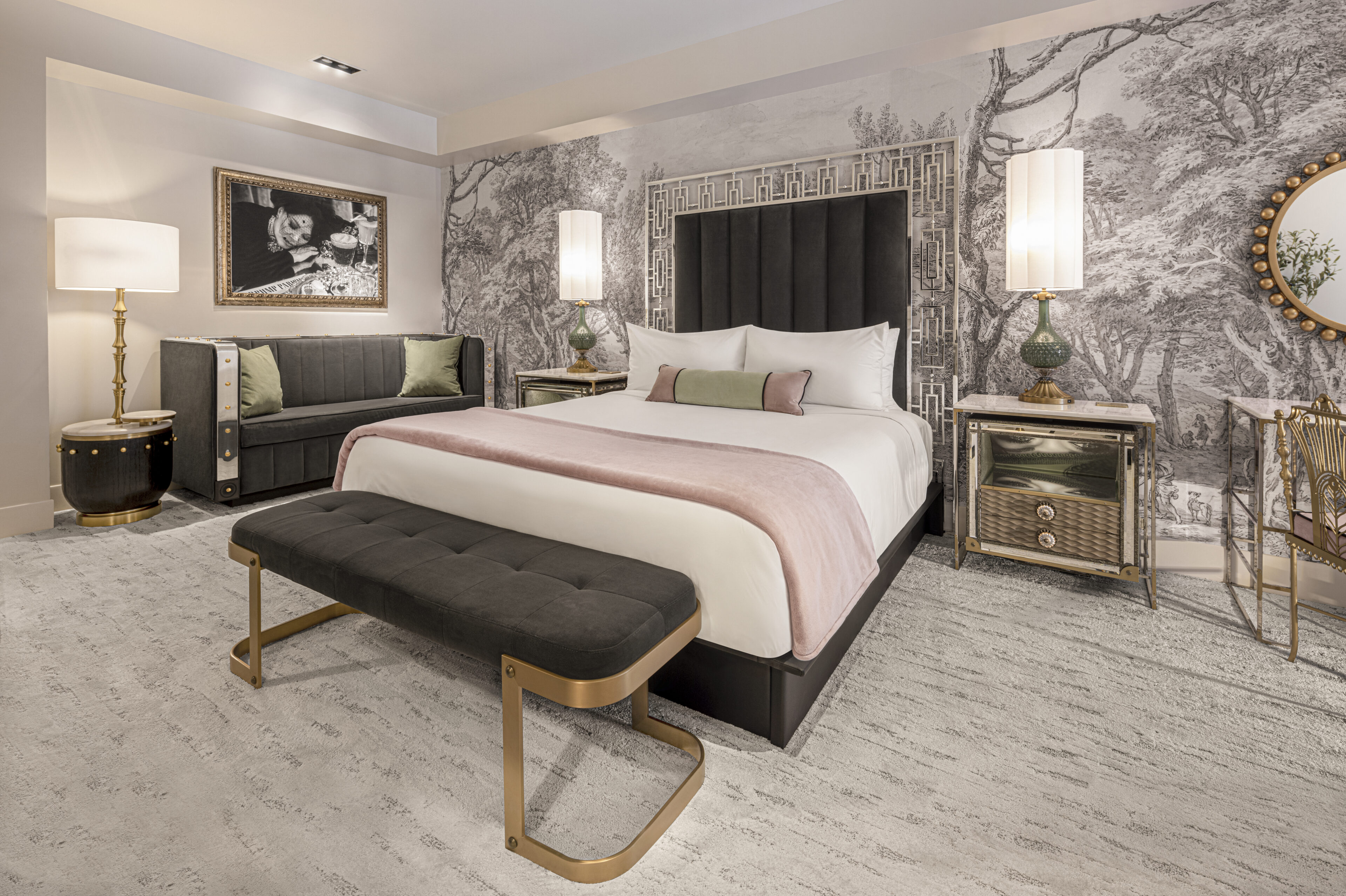 Vanderpump Hotel Las Vegas: Room Tour, Rates & Caesars Rewards 10 The Vanderpump Hotel Las Vegas room interior featuring moss-green and dusty lilac palette, mixed metal accents, and flattering custom lighting by Vanderpump Alain - Image courtesy Caesars Entertainment / The Vanderpump Hotel
